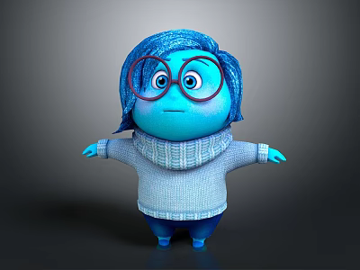 Blue Game Movie Character Wearing Red Framed Glasses Blue Hair Gray Sweater With Arms Outstretched 3d model