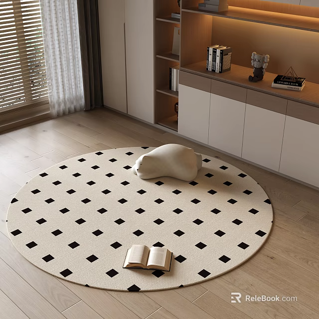 Round Carpet With Black White Diamond Pattern In Living Room 3d model