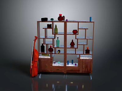 Wooden Display Cabinet With Multiple Shelves Decorative Vases Bottles And Ornaments 3d model