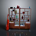 Wooden Display Cabinet With Multiple Shelves Decorative Vases Bottles And Ornaments