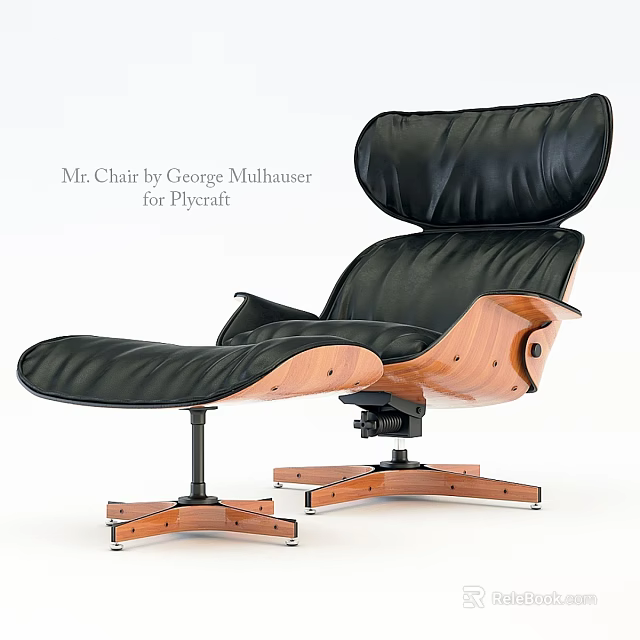 Classic Leisure Chair by George Mulhauser with Black Leather Wooden Frame and Ottoman for Plycraft 3d model 