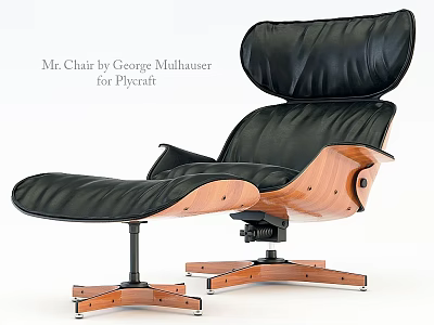 Classic Leisure Chair by George Mulhauser with Black Leather Wooden Frame and Ottoman for Plycraft 3d model