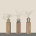 Bonsai Potted Plants In Ceramic Vases On Three Natural Wooden Pedestals Minimalist Light Colored Wall