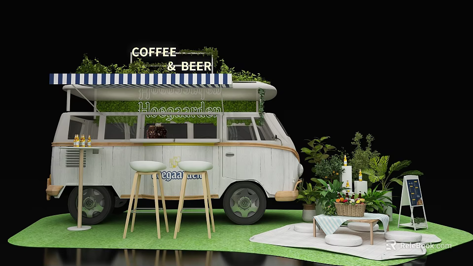 White Functional Coffee And Beer Vending Vehicle With Green Plants And Stools 3d model 