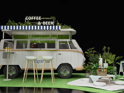 White Functional Coffee And Beer Vending Vehicle With Green Plants And Stools 3d model