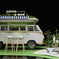 White Functional Coffee And Beer Vending Vehicle With Green Plants And Stools