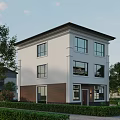 Two Story White Detached Villa With Brown Roof Porch Columns And Large Windows