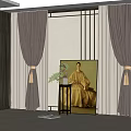 Gray Curtains With Gold Tassel Tiebacks In Chinese Interior Featuring Partition Wall Art Plant