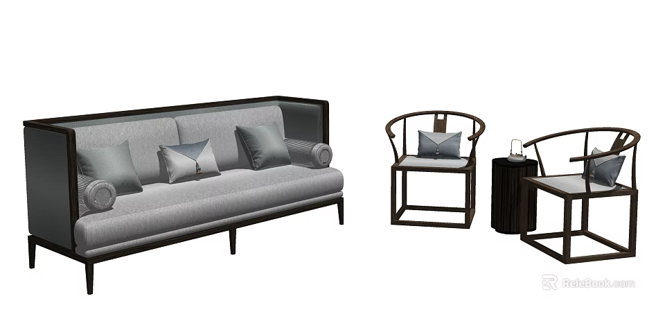 Modern Fabric Sofa Set With Gray Cushions Accent Chairs And Side Table 3d model