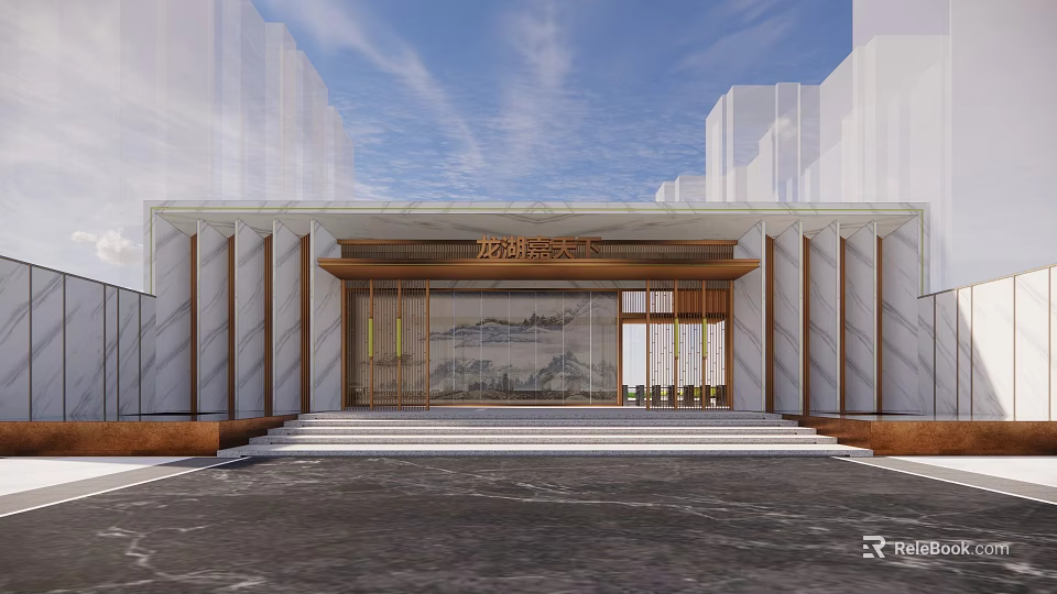 Elegant Modern Entrance Gate With Marble Facade Wooden Structure And Glass Doors 3d model 