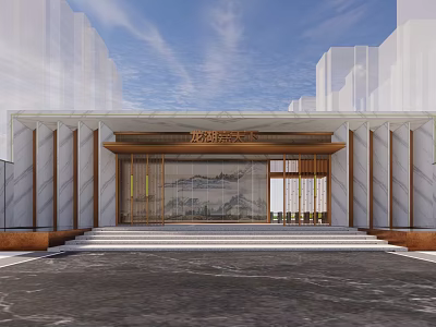 Elegant Modern Entrance Gate With Marble Facade Wooden Structure And Glass Doors 3d model