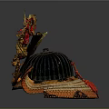 Traditional Samurai Helmet With Golden Dragon Ornament Wing Shaped Sides Red And Orange Decorative Bands