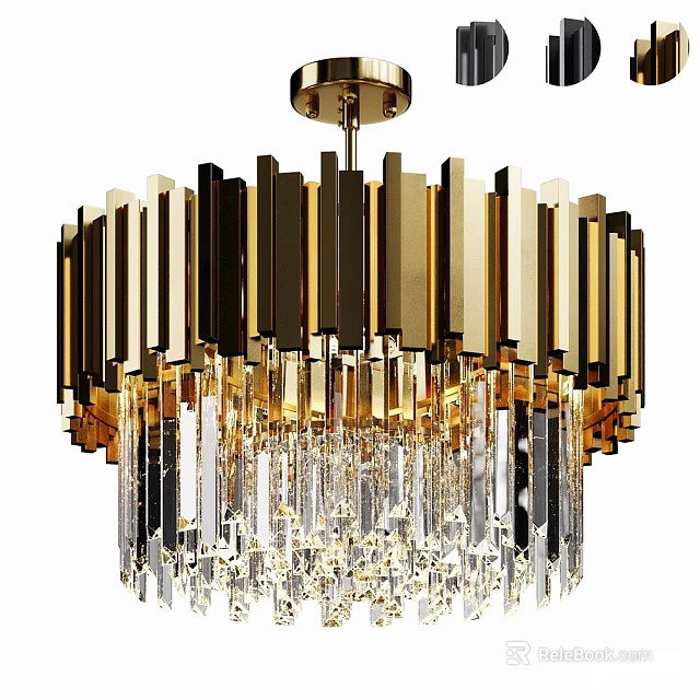 Luxury Modern Chandelier With Gold Black Metal Bars And Crystal Pendants 3d model 
