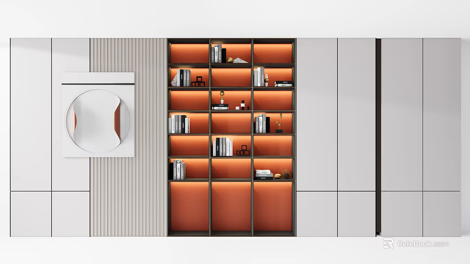 Modern Bookcase With Orange Backboard Layered Shelves And Decorative Items In Interior Design 3d model 