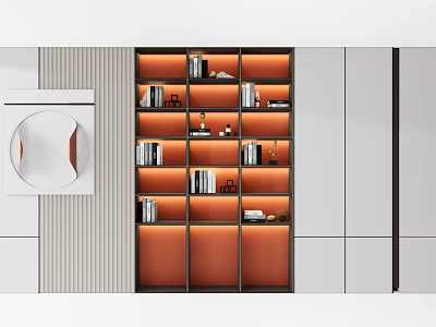Modern Bookcase With Orange Backboard Layered Shelves And Decorative Items In Interior Design 3d model