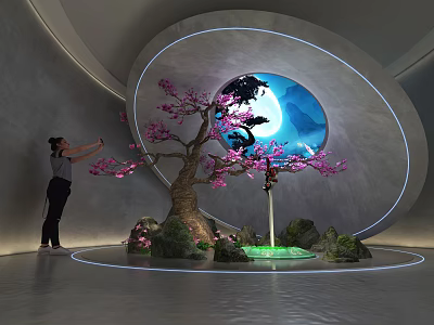 Art Installation Featuring Pink Flowering Tree Rock Formations Circular Window And Illuminated Blue Sky Moon 3d model
