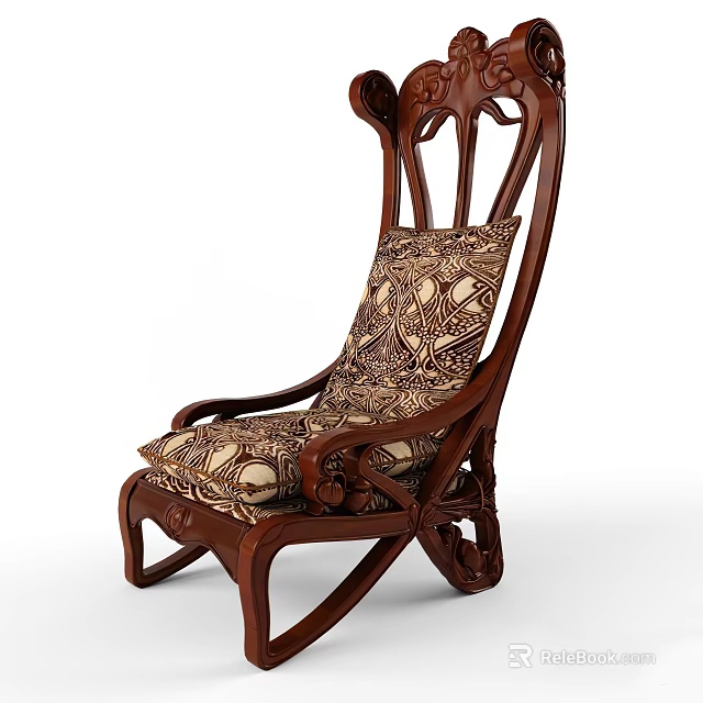 Vintage Wooden Leisure Chair With Carved Backrest Patterned Cushion And Ornate Legs 3d model 