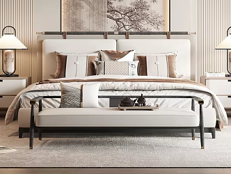 New Chinese Double Bedside Cabinet Bedding Bed Pillow 3d model