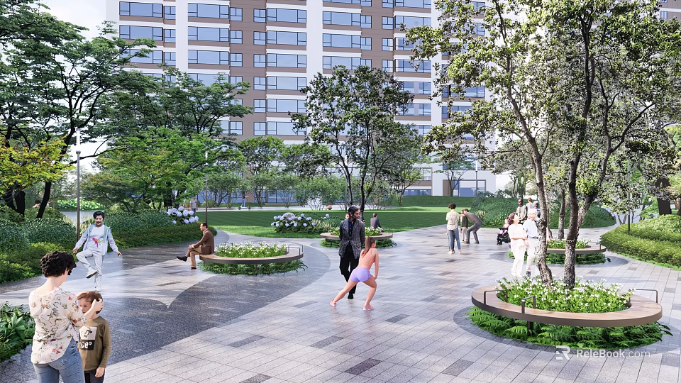 Residential Landscape with High Rise Buildings Green Trees Lawns and People Enjoying Outdoor Space 3d model 