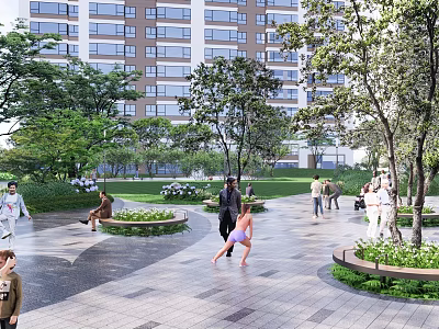 Residential Landscape with High Rise Buildings Green Trees Lawns and People Enjoying Outdoor Space 3d model