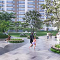 Residential Landscape with High Rise Buildings Green Trees Lawns and People Enjoying Outdoor Space