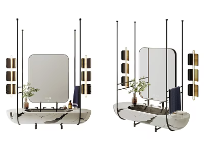 Contemporary Bathroom Vanity With Rectangular Mirror Hanging Lights And Small Potted Plant 3d model