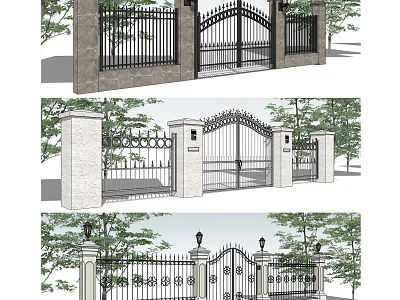 Classic Wrought Iron Entrance Gate With Decorative Pillars And Surrounding Trees 3d model