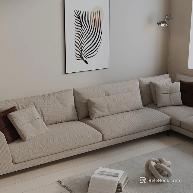 Beige Three-Seater Sofa With Multiple Cushions In Minimalist Interior With Feather Painting Hanging On Wall 3d model 