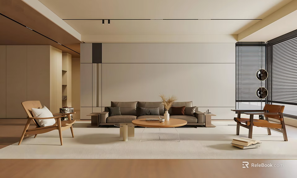 Modern Living Room Interior With Minimalist Design Wooden Sofa And Coffee Table 3d model 