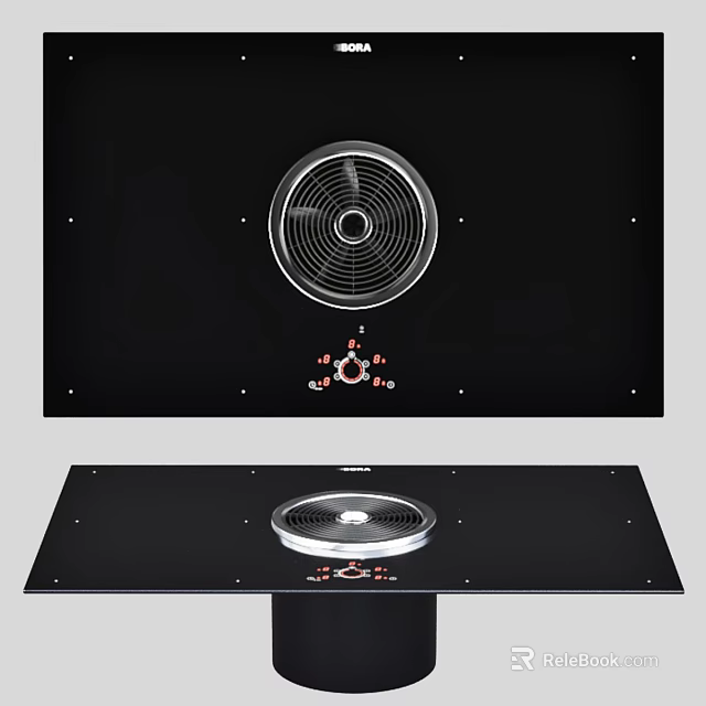 Modern Black Kitchen Cookware With Round Fan Cooktop And Red Control Knobs 3d model