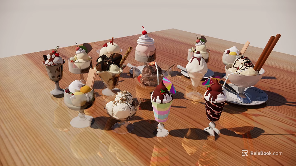 Assorted Delicious Ice Cream Desserts With Various Toppings Served On Wooden Table 3d model 