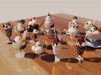 Assorted Delicious Ice Cream Desserts With Various Toppings Served On Wooden Table 3d model