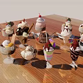 Assorted Delicious Ice Cream Desserts With Various Toppings Served On Wooden Table