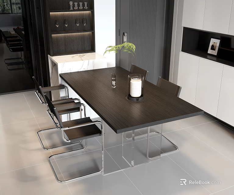 Modern Dark Wood Dining Table With Metal Frame Chairs And Green Plant In Contemporary Kitchen 3d model 