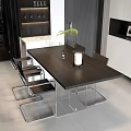 Modern Dark Wood Dining Table With Metal Frame Chairs And Green Plant In Contemporary Kitchen