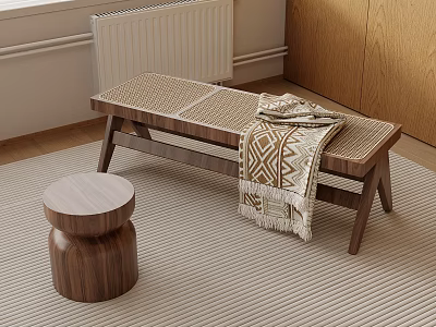 Wooden Shoe Bench With Woven Mat Geometric Blanket And Wooden Stool On Room Rug 3d model