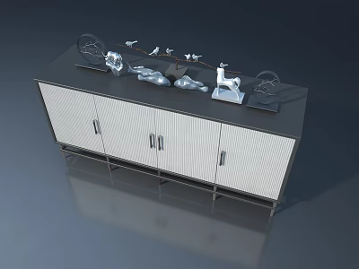Modern Cabinet With White Striped Hinged Doors Black Surface And Decorative Top Items 3d model