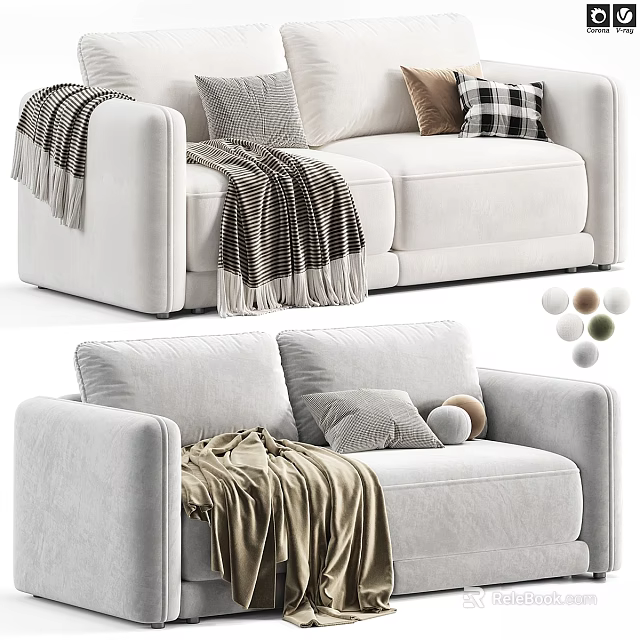 Light Colored Two Seater Sofa With Fringed Blanket And Decorative Pillows 3d model 