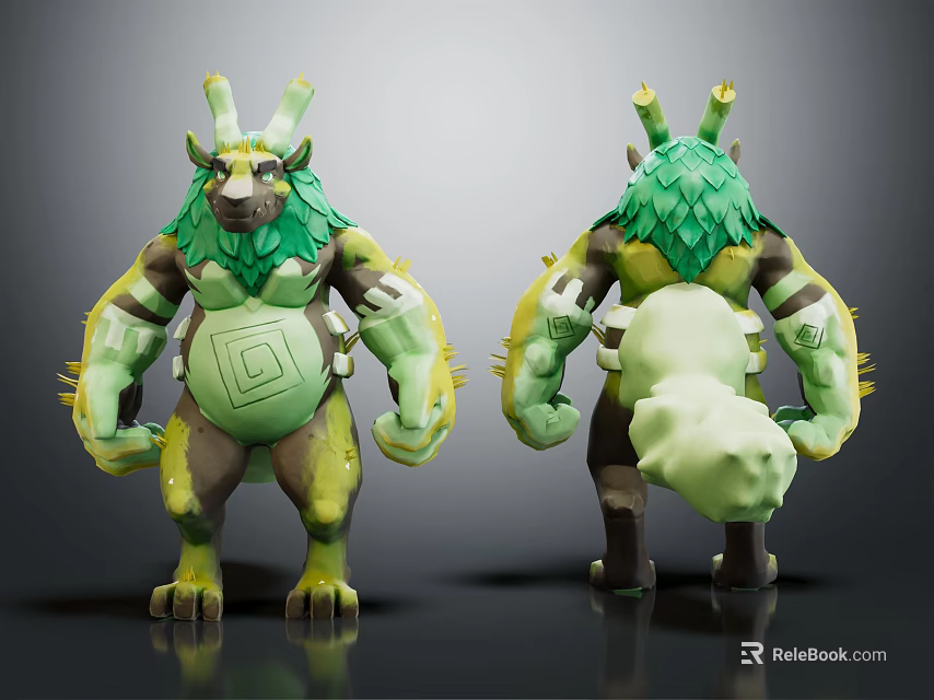 3D Fantasy Character and Mythical Forest Creature with Green Leafy Mane Yellow Horns Muscular Build 3d model 