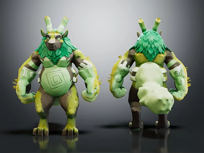 3D Fantasy Character and Mythical Forest Creature with Green Leafy Mane Yellow Horns Muscular Build 3d model