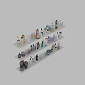 Perfume and Cosmetics Display on Shelves with Various Bottles and Jars