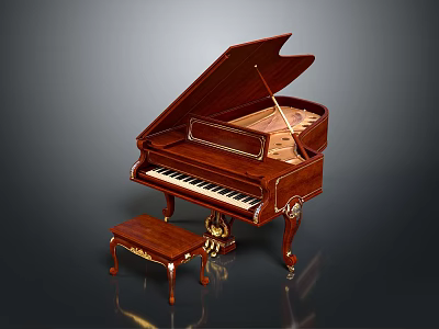 Elegant Brown Wooden Grand Piano With Ornate Details And Matching Stool Musical Instrument 3d model