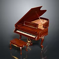 Elegant Brown Wooden Grand Piano With Ornate Details And Matching Stool Musical Instrument