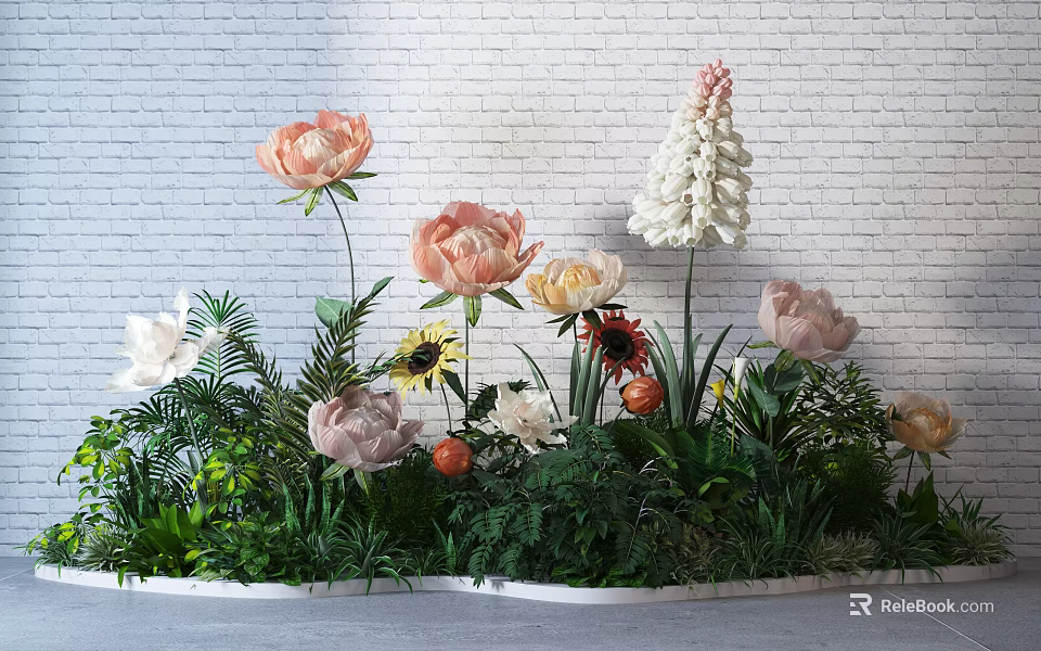 Beautiful Various Flowers And Green Plants Decor With White Brick Wall Background 3d model 