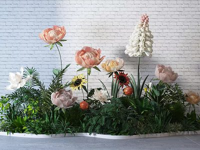 Beautiful Various Flowers And Green Plants Decor With White Brick Wall Background 3d model