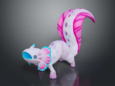 Cute Fantasy Creature With Pink And White Body Large Spotted Tail And Blue Head Features 3d model