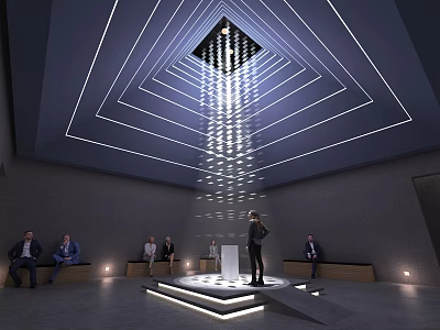 Modern Interior Presentation Space With Geometric Ceiling Lighting Speaker On Platform And Audience Seated Around 3d model