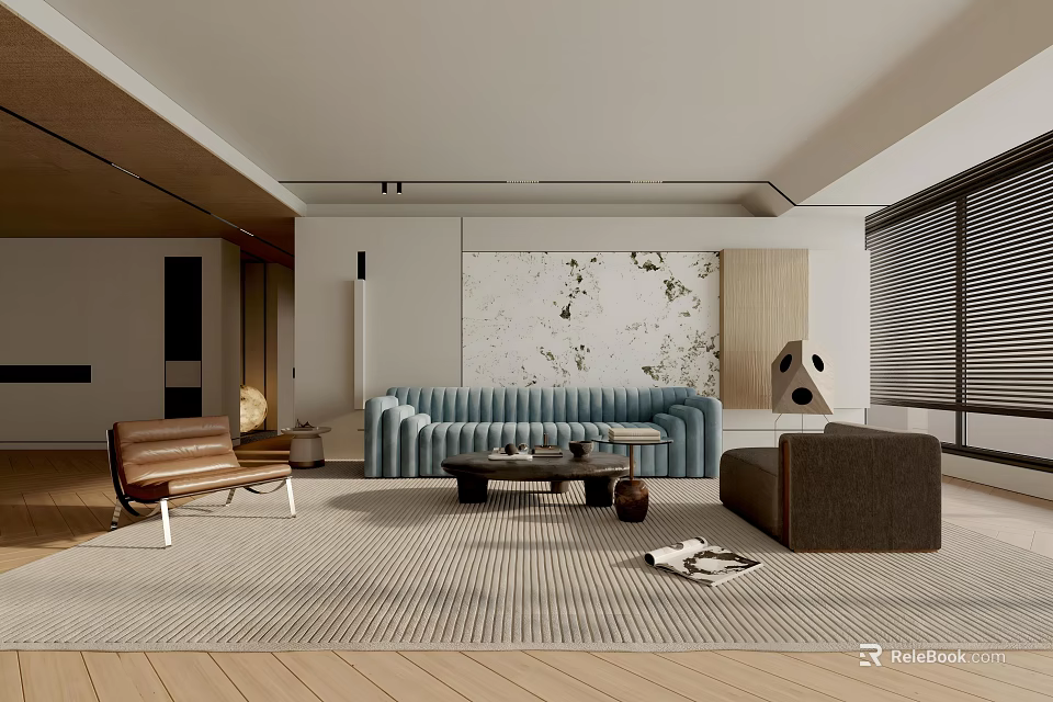 Modern Living Room Interior With Blue Sofa Wooden Floor And Decorative Painting 3d model 