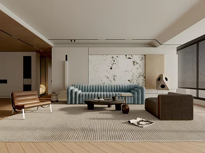 Modern Living Room Interior With Blue Sofa Wooden Floor And Decorative Painting 3d model