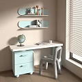 Kids Children's Desk with Chair Globe Book and Wall Shelves Near Window Blinds